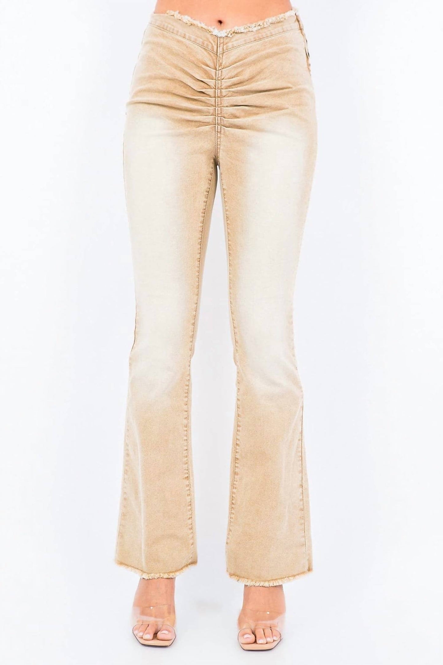 American Bazi - V-cut Ruched Mid Flare Pants