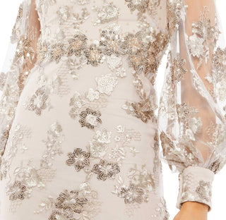 Mac Duggal - Embellished High Neck Illusion Long Sleeve Midi Dress