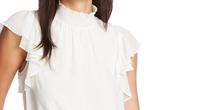 1.STATE Women's Flutter Sleeve Smocked Neck Blouse White Size X-Large
