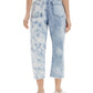 Frayed Women's Pocketed Zippered Button Closure Elastic Waist Raw Color Block Cropped Jeans Blue Size 26