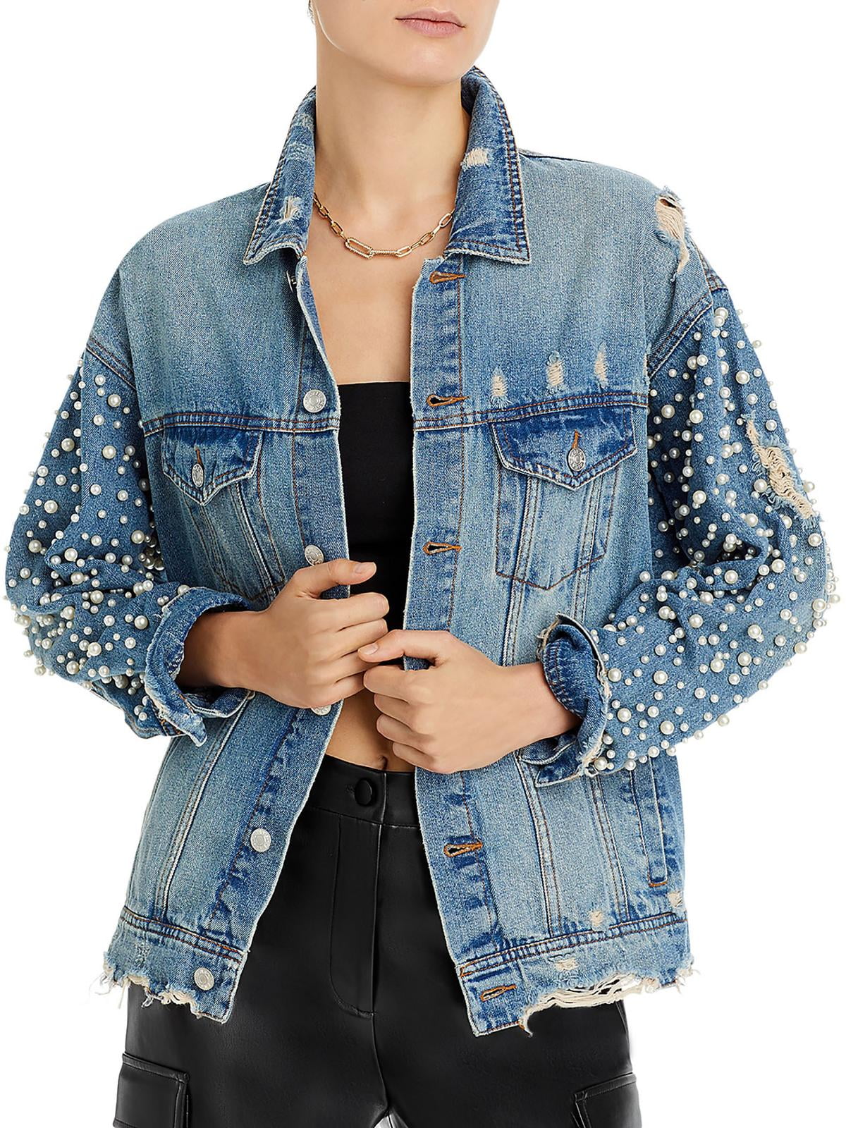 Exclusive Embellished Distressed Denim Jacket Blue