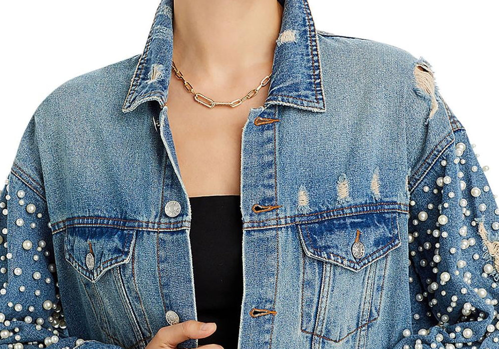 Exclusive Embellished Distressed Denim Jacket Blue