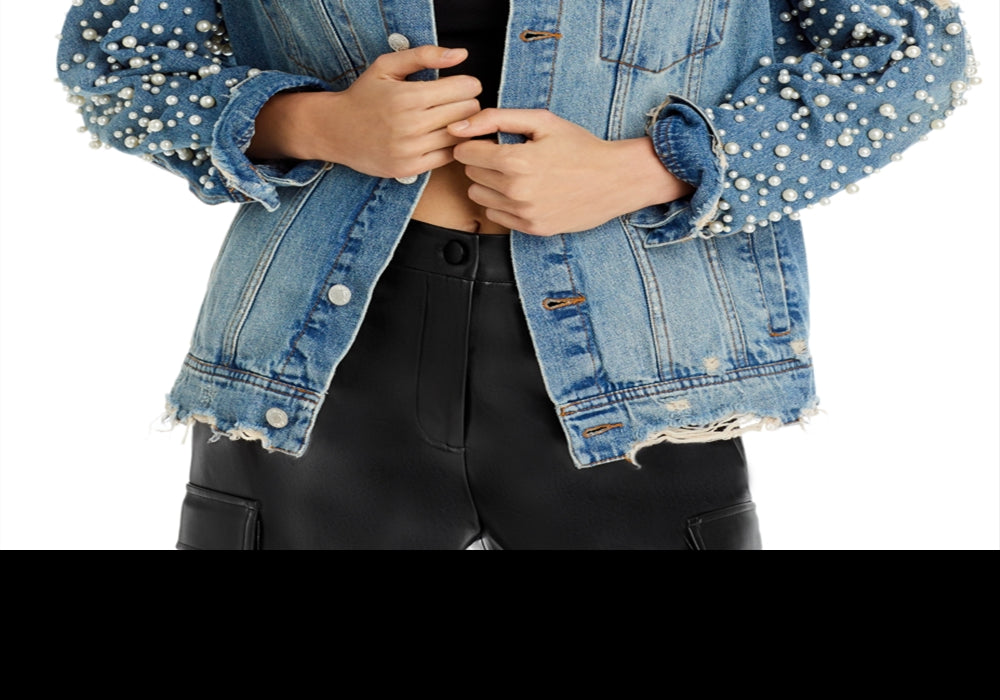 Exclusive Embellished Distressed Denim Jacket Blue