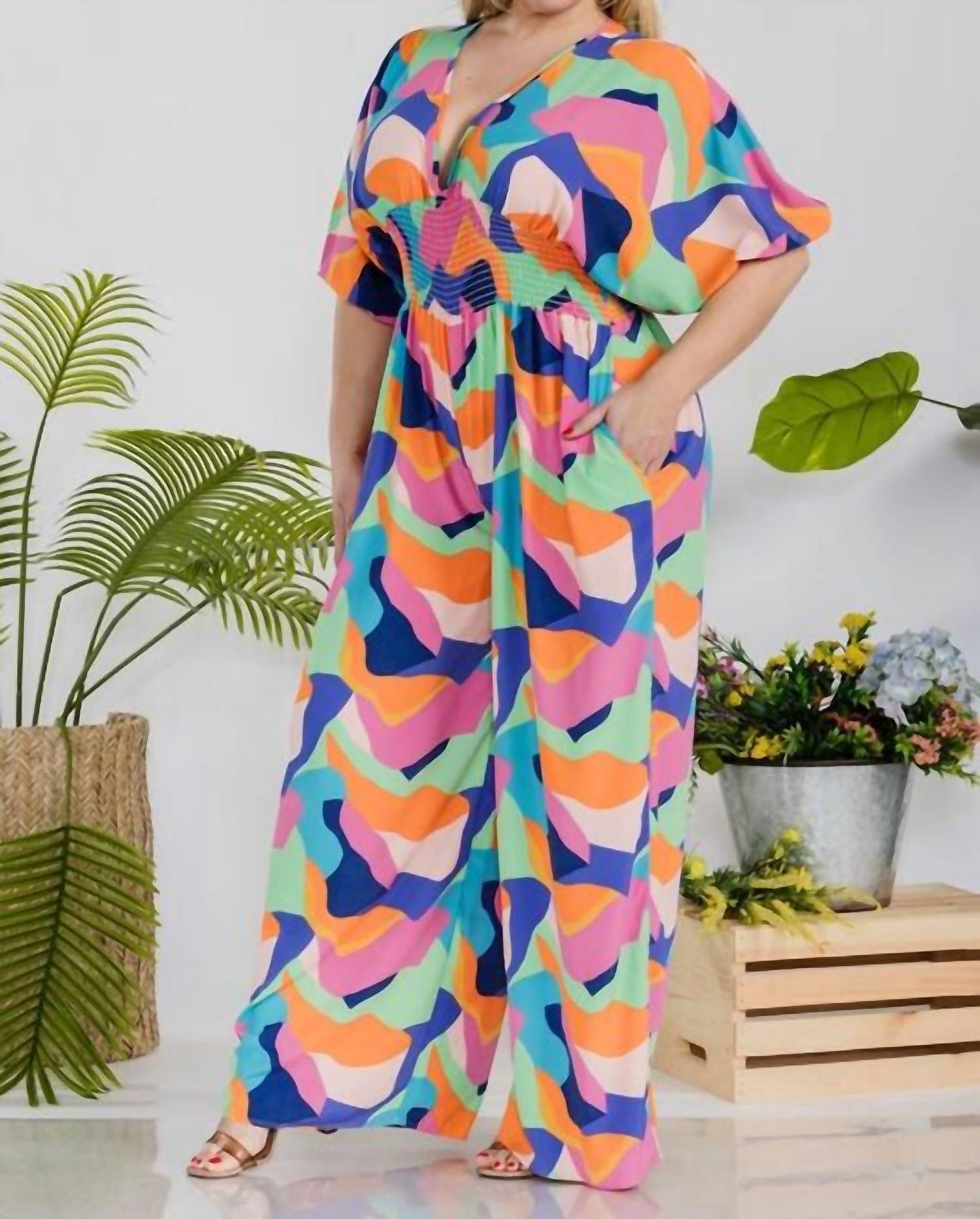 Karen T Design - Smocked V-neck Jumpsuit