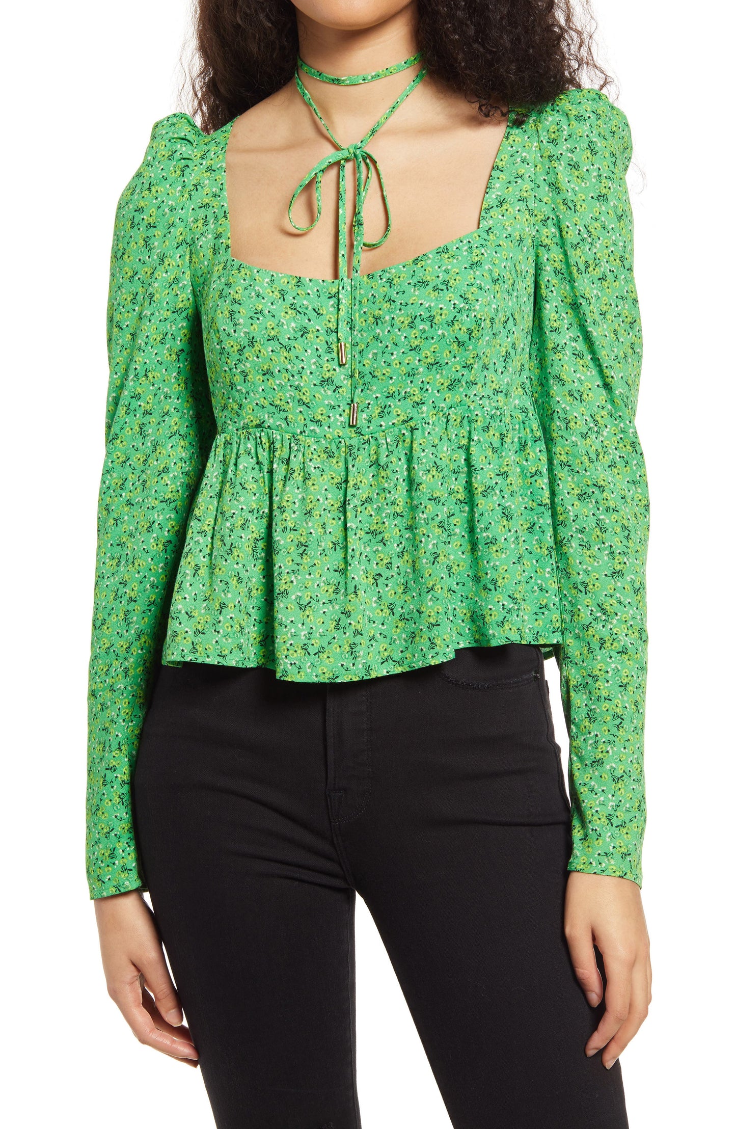 AFRM Hough Tie Neck Peplum Top in Vert Ditsy, Size Large