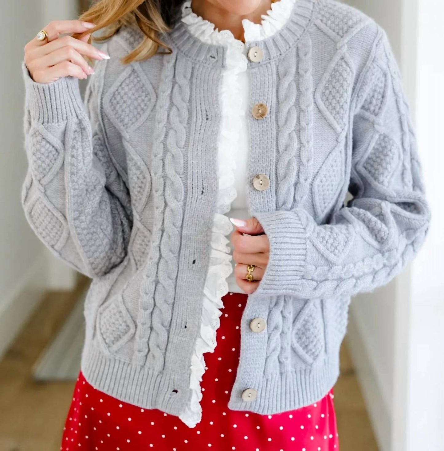 Aureum - Eyelet Trim Cable Knit Cardigan