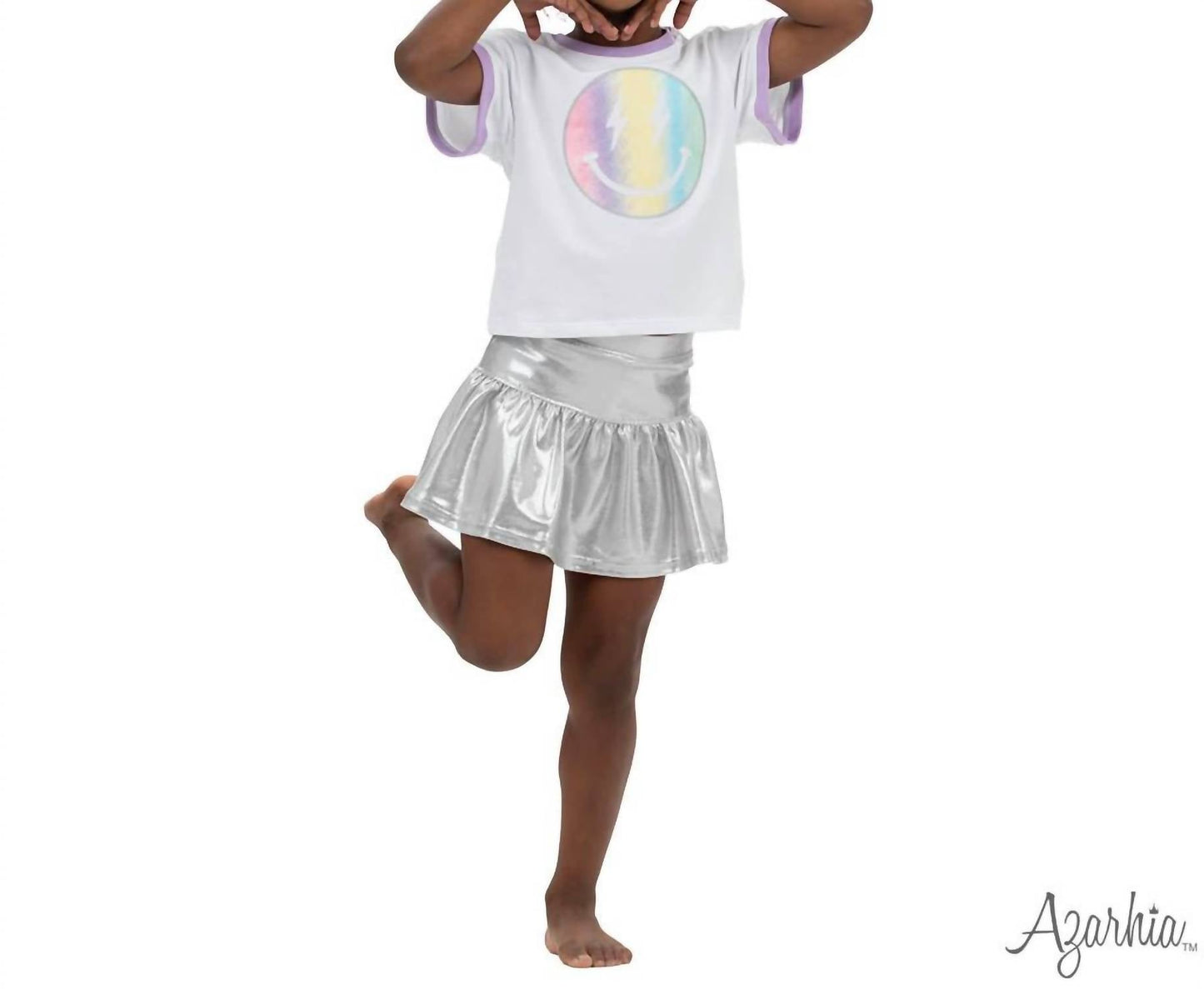 Azarhia - Girls Glitter Pastel Rainbow Smiley Ringer Boxy Tee