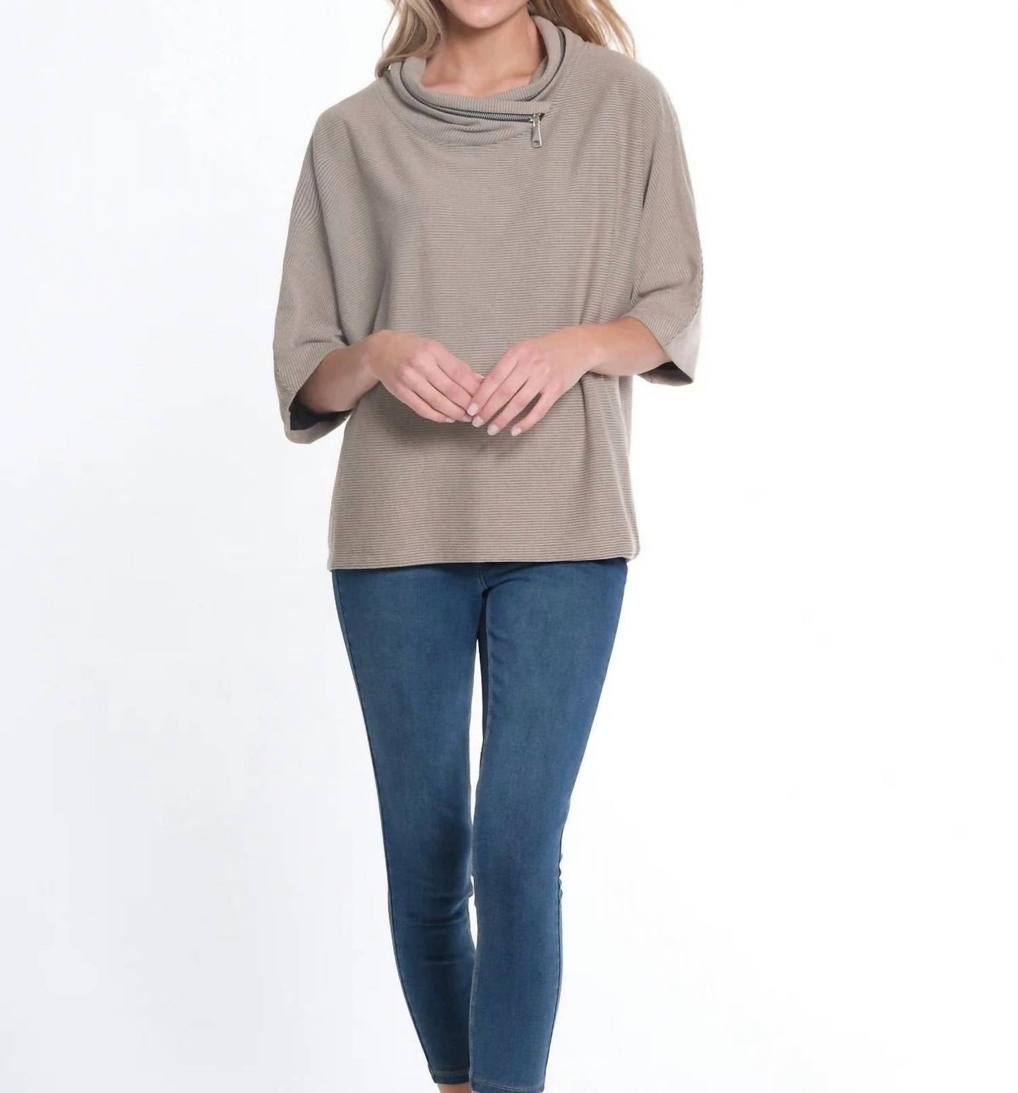 Multiples - Elbow Dolman Sleeve Zip Cowl Collar Hi-lo Top