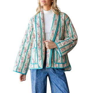 Veveret - Quilted Stripe Flower Open Jacket