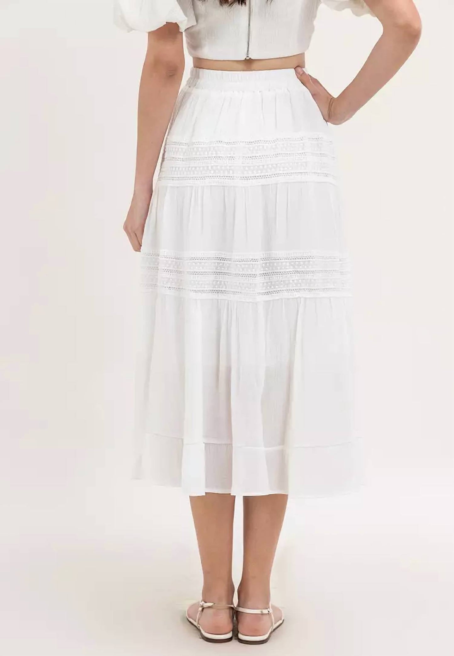 Adora - Cotton & Crochet Inset Elastic Waist Midi Skirt