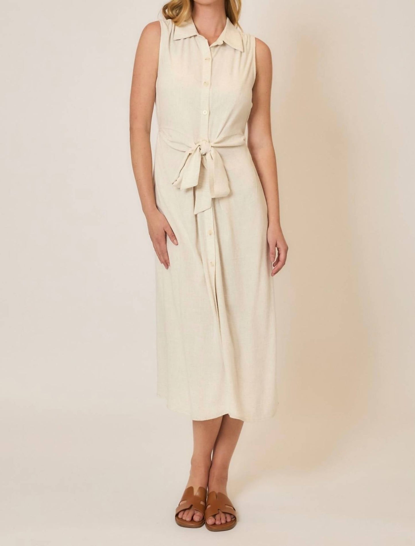 Cozy Co. - Button Up Midi Dress With Waist Tie Detail