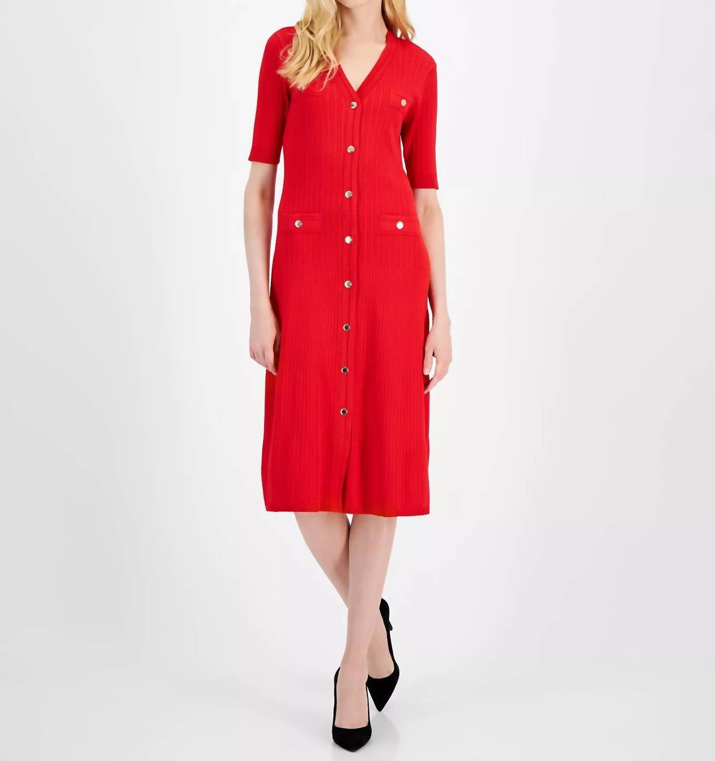 Anne Klein - Ribbed Button-front A-line Dress