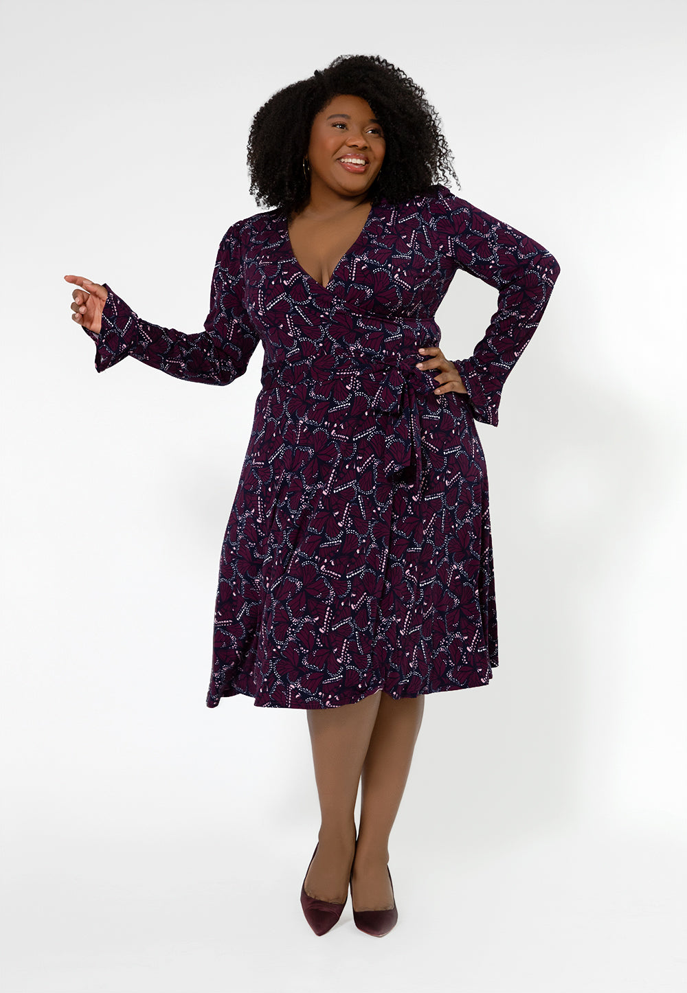 Leota Women's Rosalia Butterfly Long Sleeve Faux Wrap Dress Purple