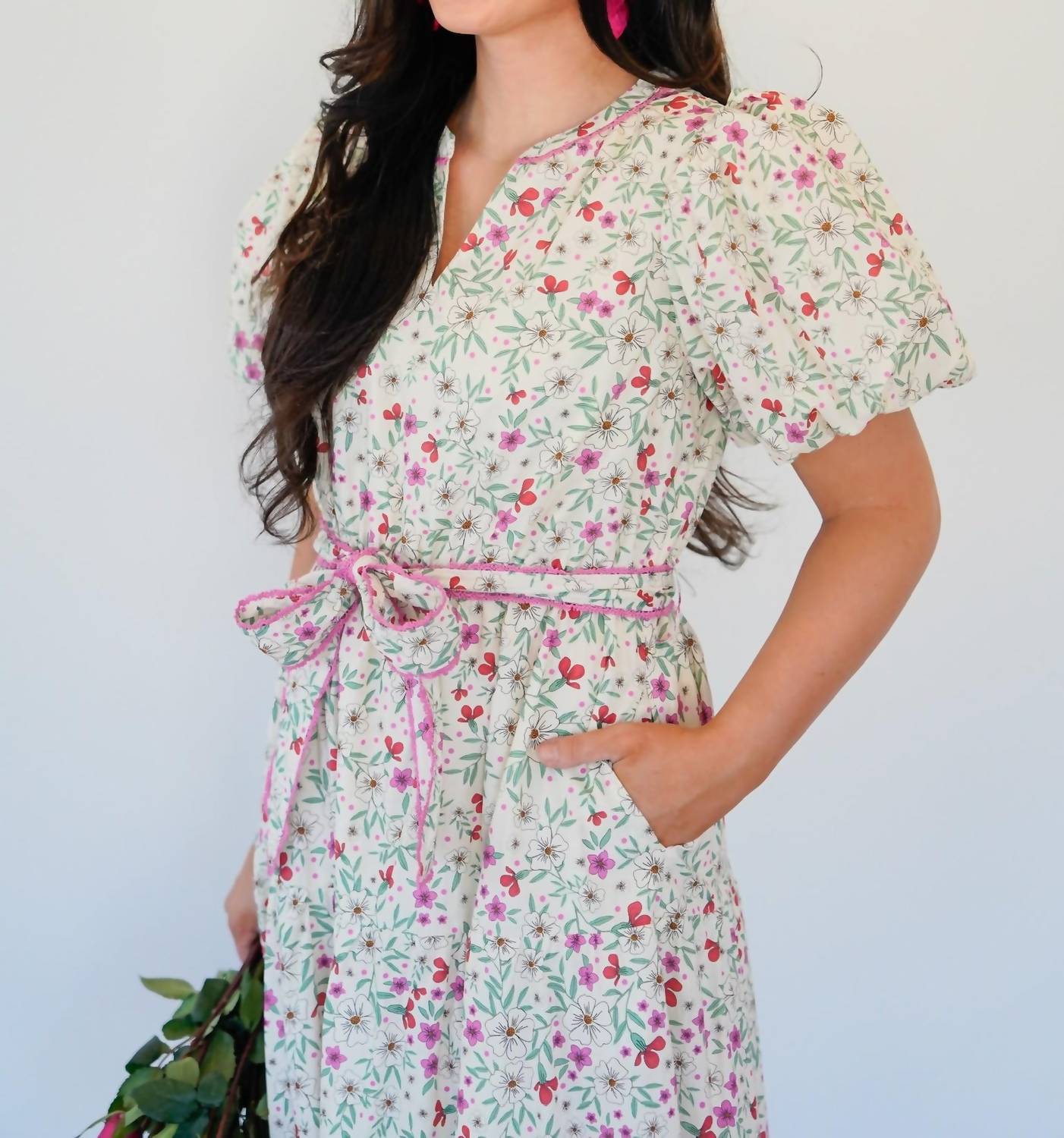 &Merci - Floral Bubble Sleeve Midi Dress With Lace Trim