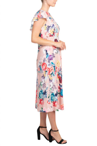 Adrianna Papell - Flutter Sleeve Soft Pleats Floral Print Midi Dress