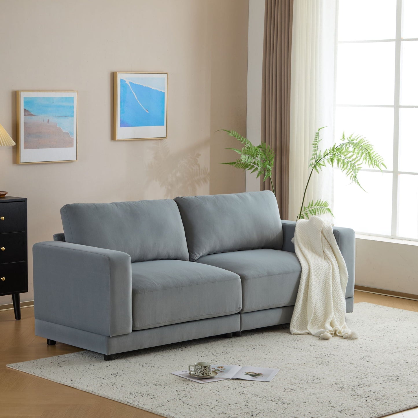 Modern Square Arm Sofa with Soft Fabric Upholstery and Deep Cushions