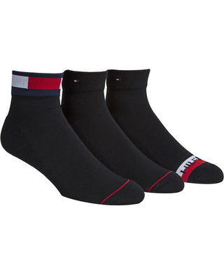 Tommy Hilfiger Men's 3 Pack Logo Casual Quarter Socks Black Size 7-12