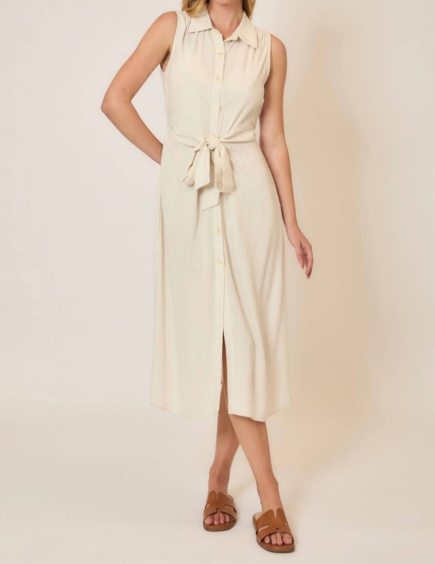Cozy Co. - Button Up Midi Dress With Waist Tie Detail