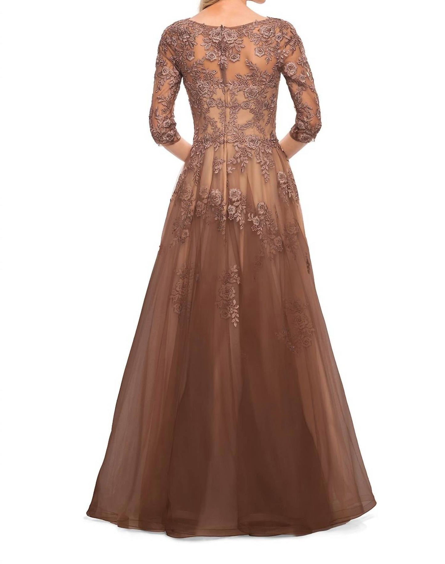 La Femme - Women's Sleeve Floral Appliqué Gown