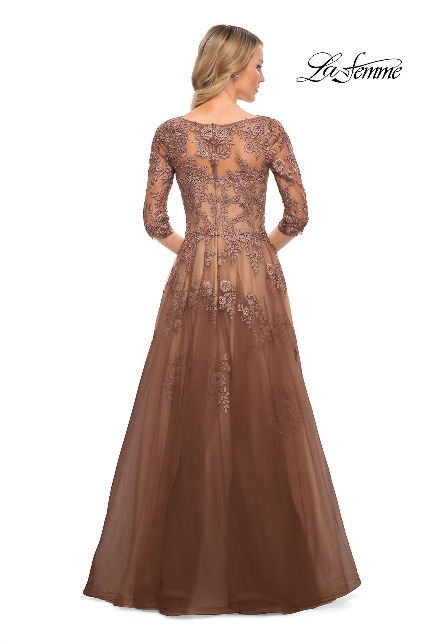 La Femme - Women's Sleeve Floral Appliqué Gown