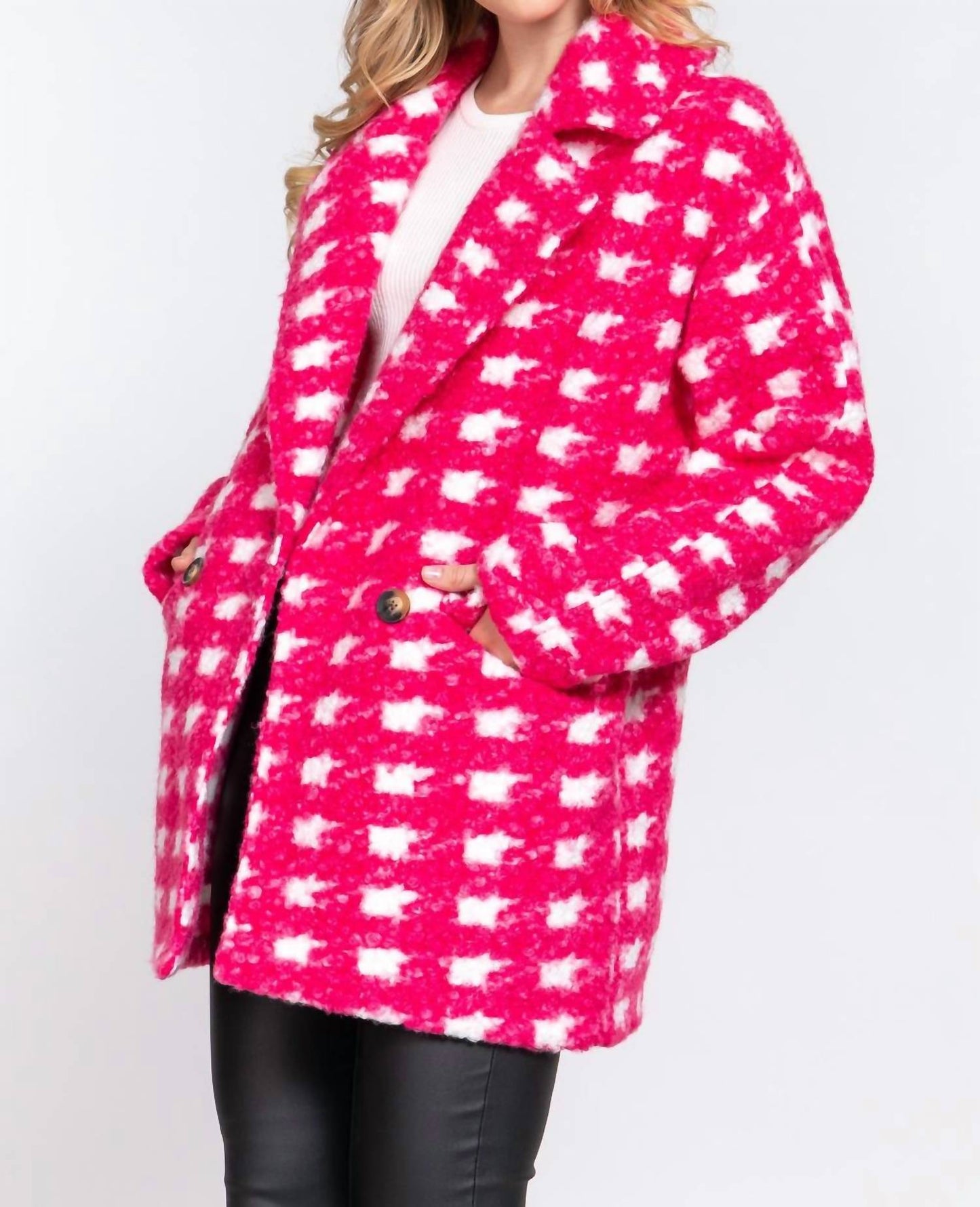 Active Usa - Double Breasted Check Print Boucle Fleece Coat