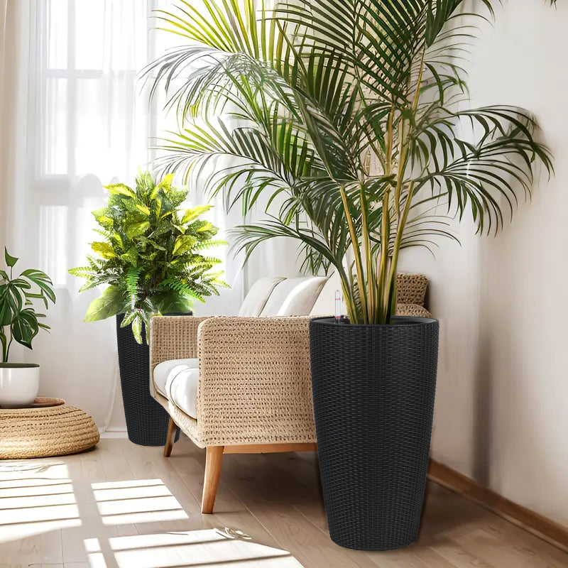 Set of 2 Faux Rattan Tall Planters with Automatic Watering System