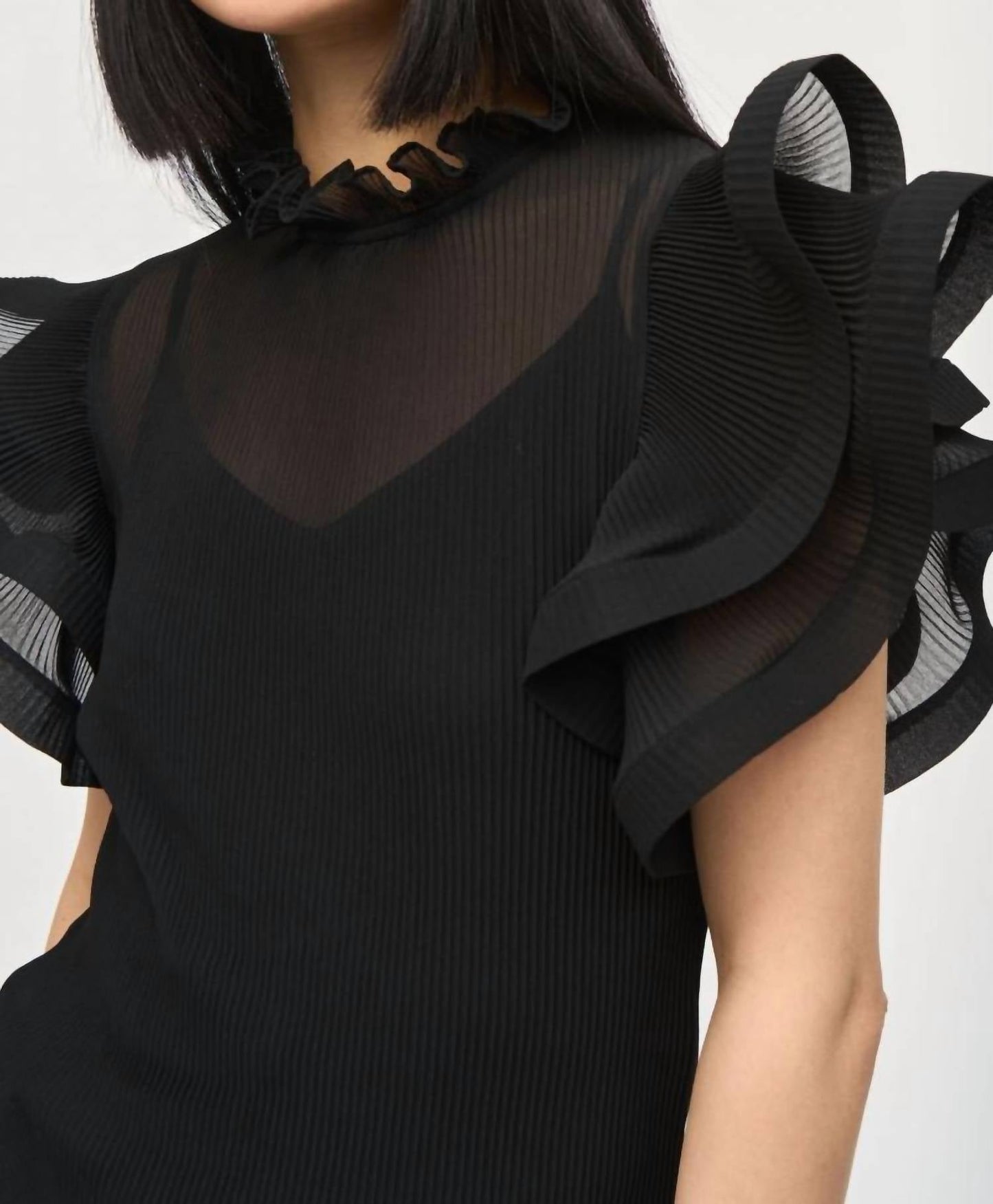 Joseph Ribkoff - Black Chiffon Ruffled Sleeve Turtle Neck Top