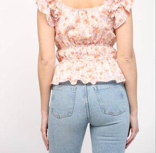 Fate - Flaunt Your Floral Gathered Waist Flutter Sleeve Top