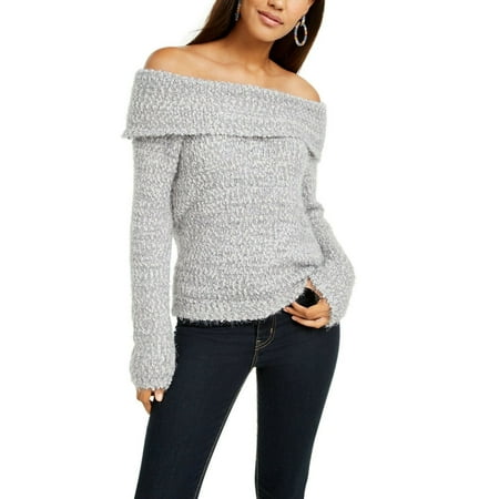 Freshman Juniors Off-the-Shoulder Fuzzy Sweater Gray XS