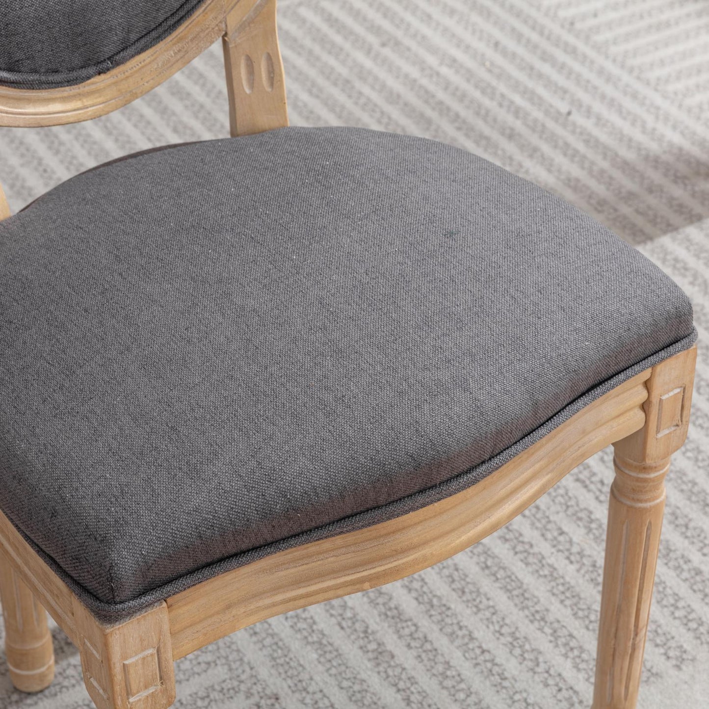 French Style Solid Wood Frame Antique Linen Dining Chair, Set of 2