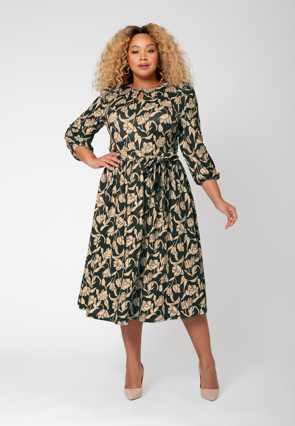 Leota Women's Iman Floral Balloon Sleeve Midi Dress Brown