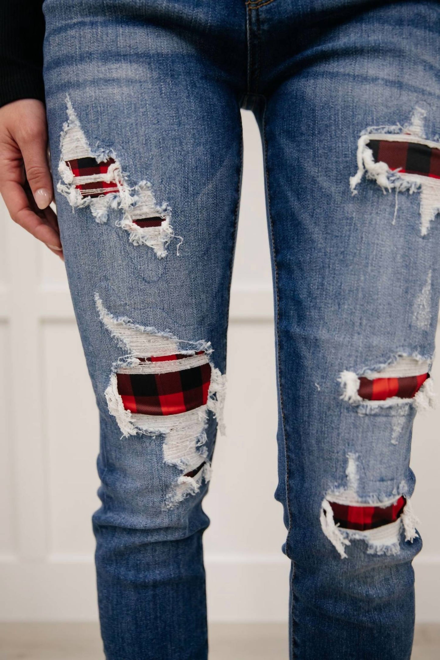 Judy Blue - Buffalo Plaid Peek-A-Boo Skinny Jeans