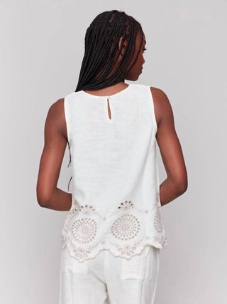 Charlie B - Linen Sleeveless Eyelet Embroidered Top
