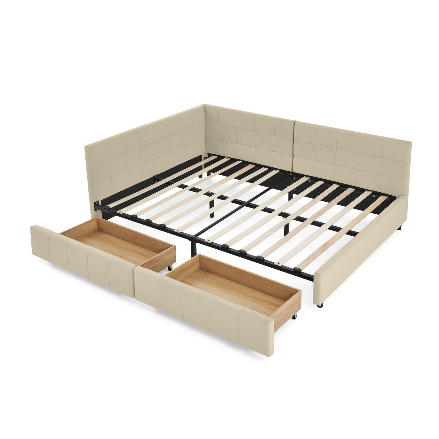Mid-Century Storage Upholstered Tufted Bed Frame with Backrest and Armrests