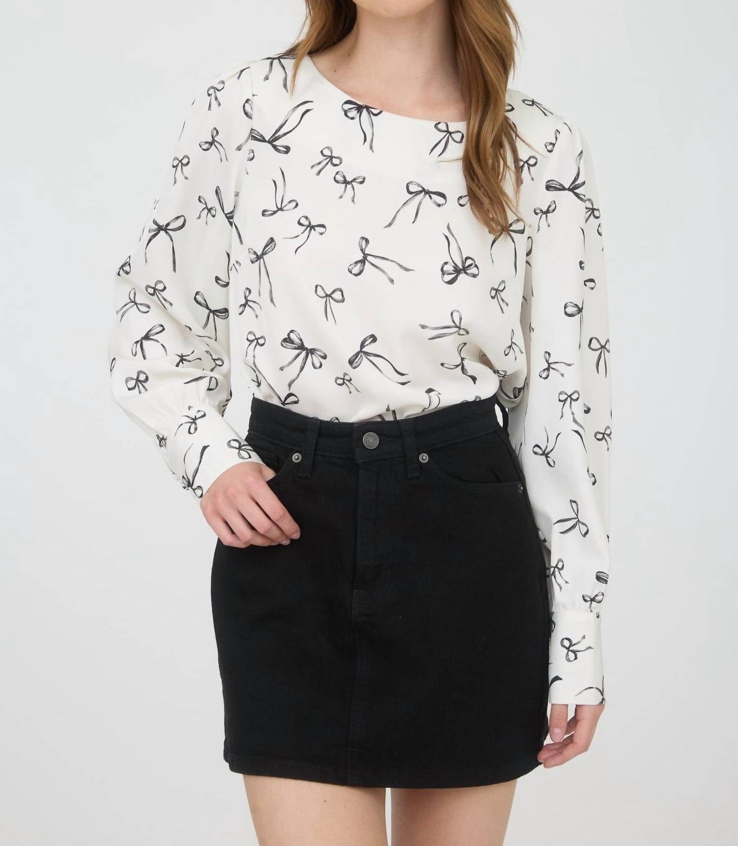 Blu Pepper - Bow Pattern Round Neck Long Sleeve Blouse