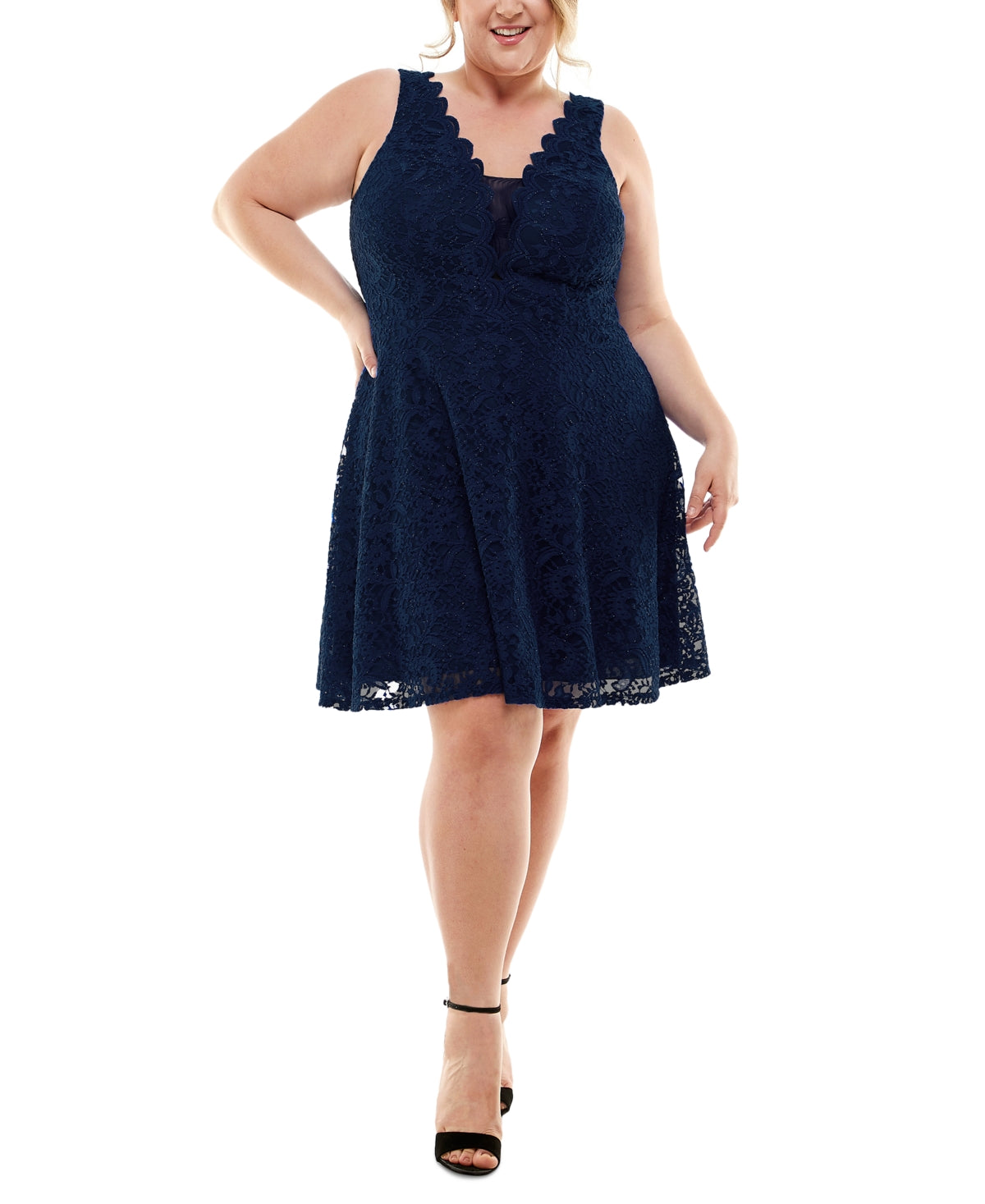 City Studio Women's Plus Lace Knee Length Fit & Flare Dress Blue Size 16W