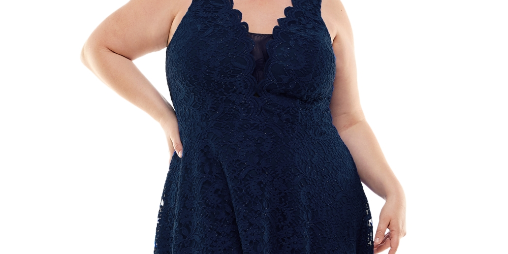 City Studio Women's Plus Lace Knee Length Fit & Flare Dress Blue Size 16W