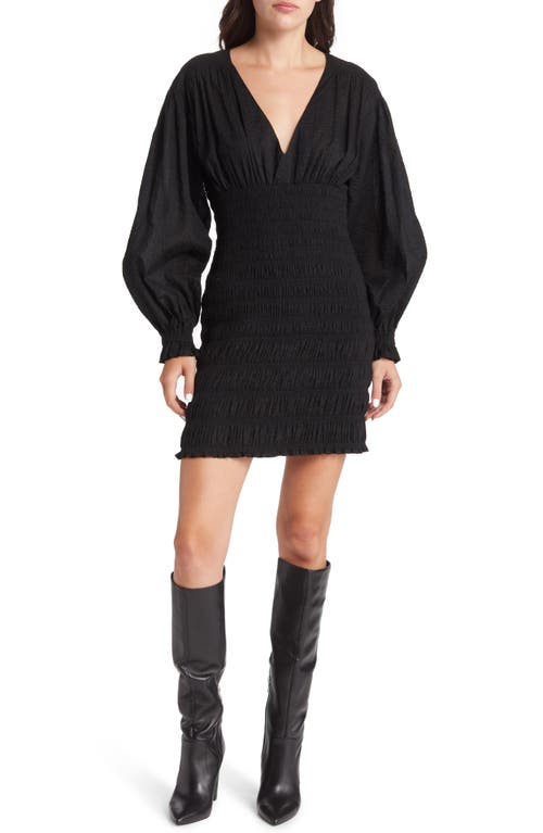 FRAME Smocked Long Sleeve Minidress in Noir  Size Large
