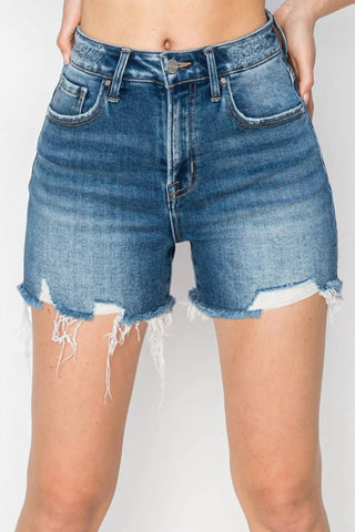 Trendsi - Risen High Rise Raw Hem Distressed Denim Shorts