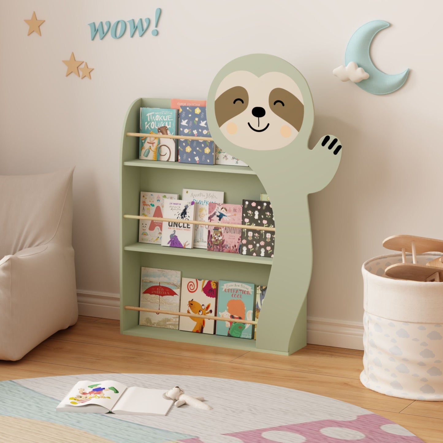 Sloth Bookshelf, Front Facing Toddler Book Display Rack With 3 Tiers, Cute Animal Design - Sage Green