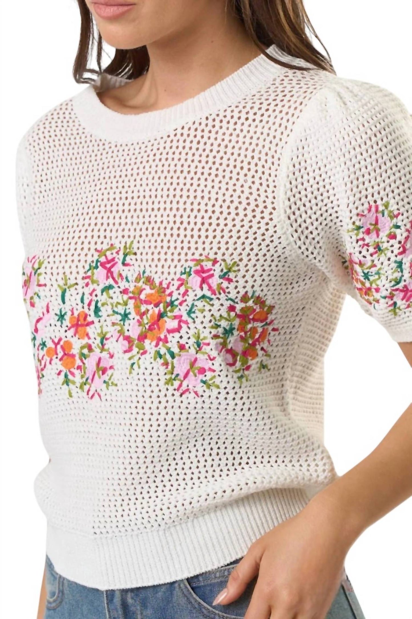 Lalavon - Susan Puff Sleeve Floral Embroidered Crochet Top