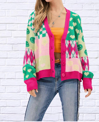 Davi & Dani - V-neck Drop Shoulder Pattern Sweater