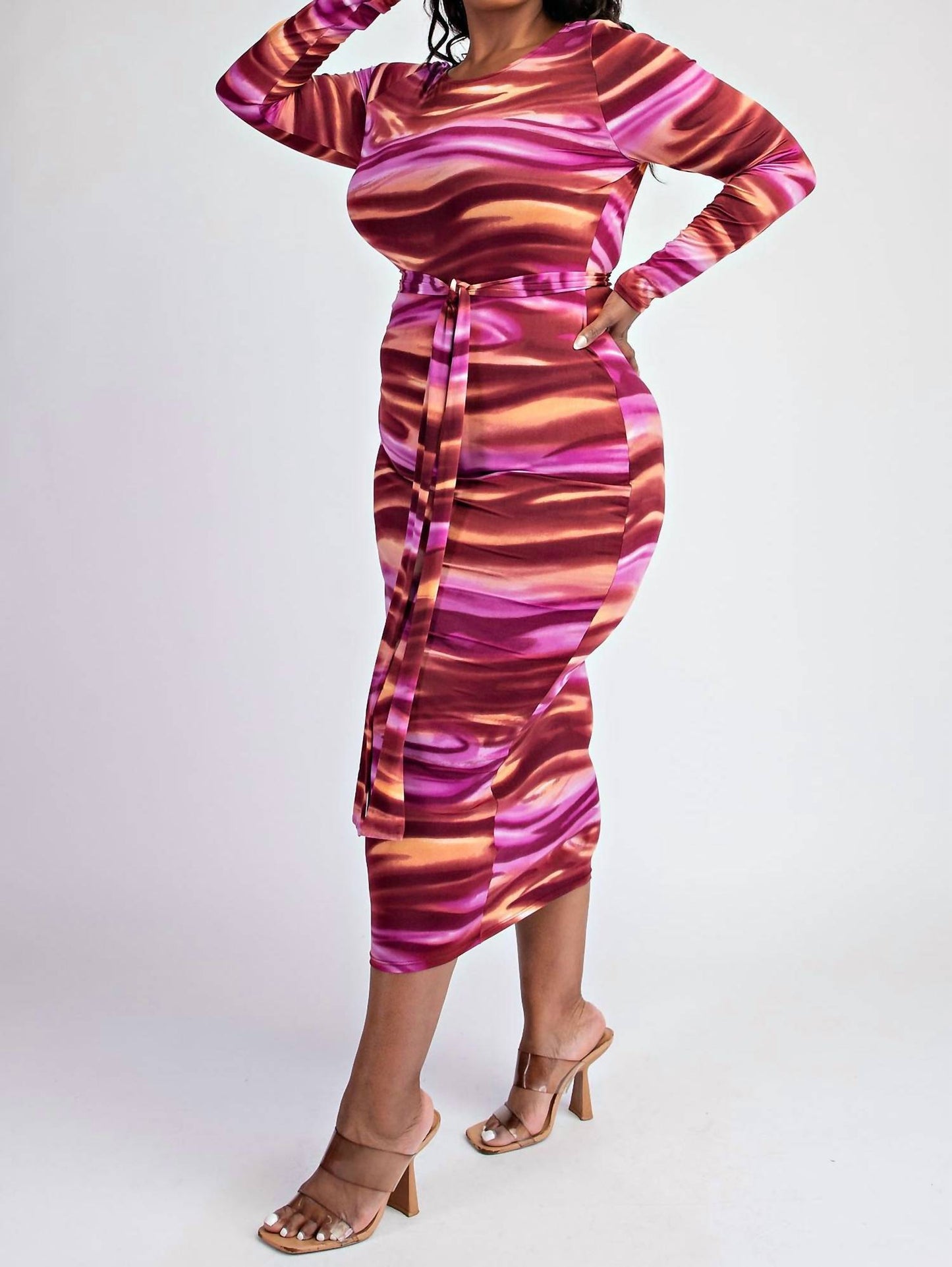 The Curve La - Plus Size Knit Long Sleeve Midi Dress With Self-tie Belt