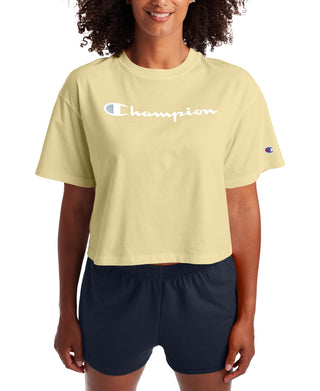 Champion Women's Logo Cropped T-Shirt Yellow Size Small