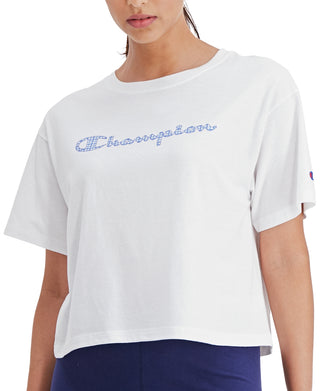 Champion Women's Cropped Graphic Print T-Shirt White Size Large