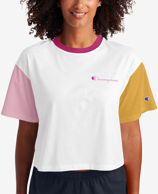Champion Women's Cropped Colorblocked T-Shirt White Size Medium