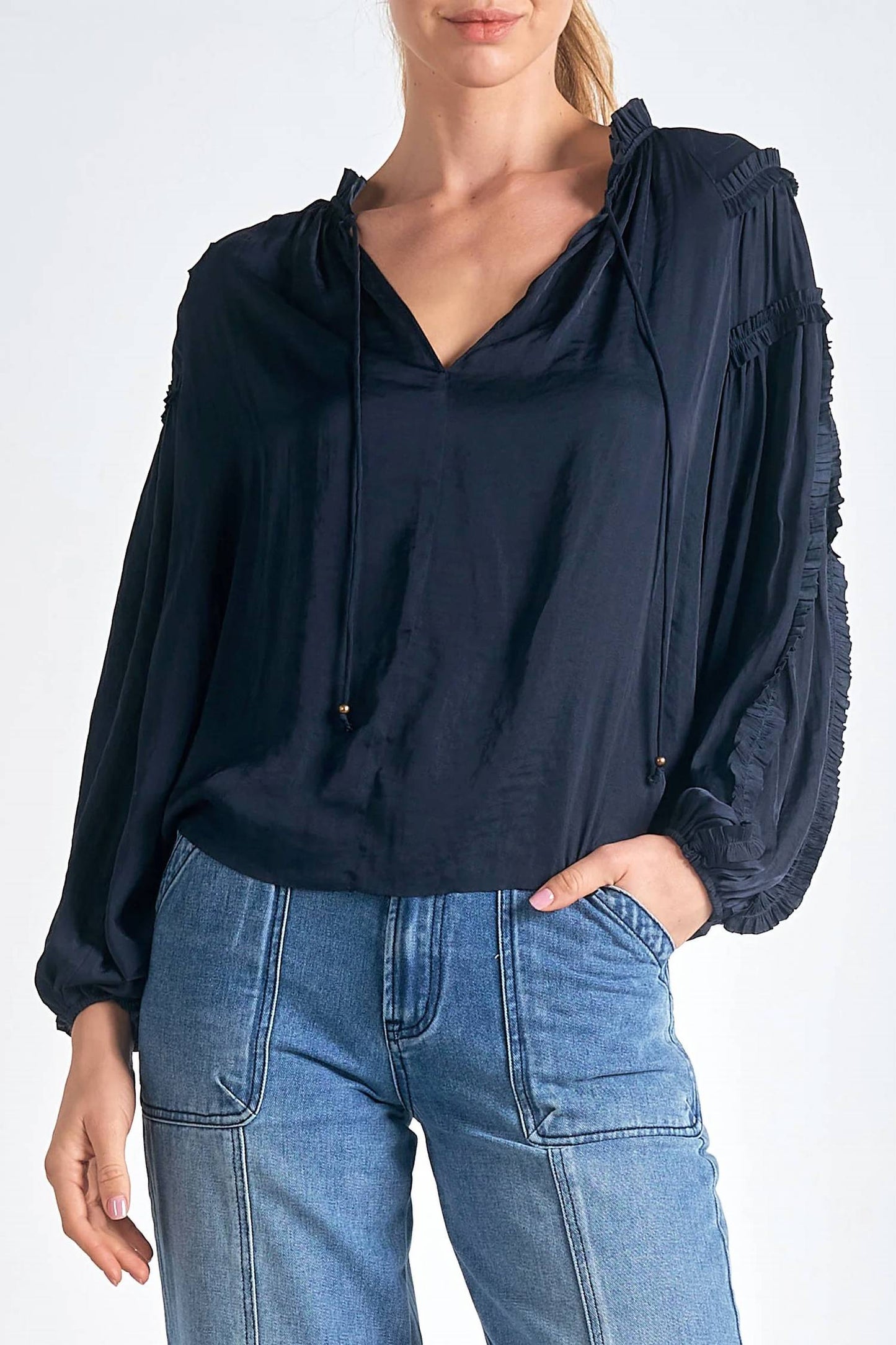 Elan - Long Sleeve Tie Neck Top