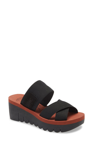 Fly London Yabo Black Leather Platform Slide Sandal
