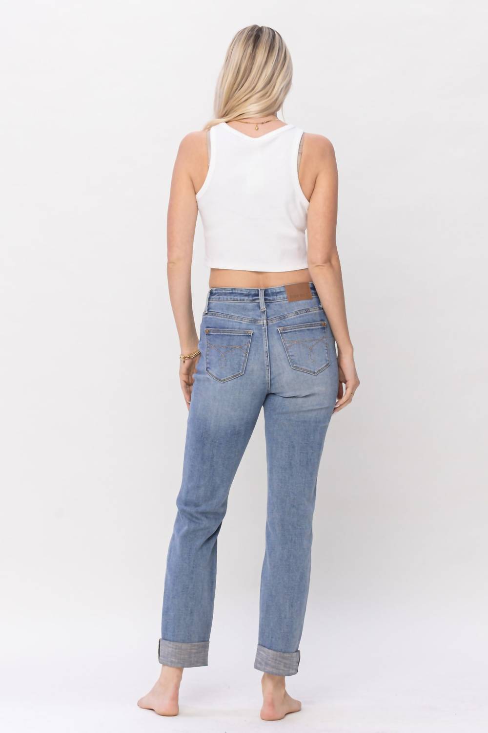 Judy Blue - Mid Rise Knee Destroyed Cuffed Long Boyfriend Denim Jeans