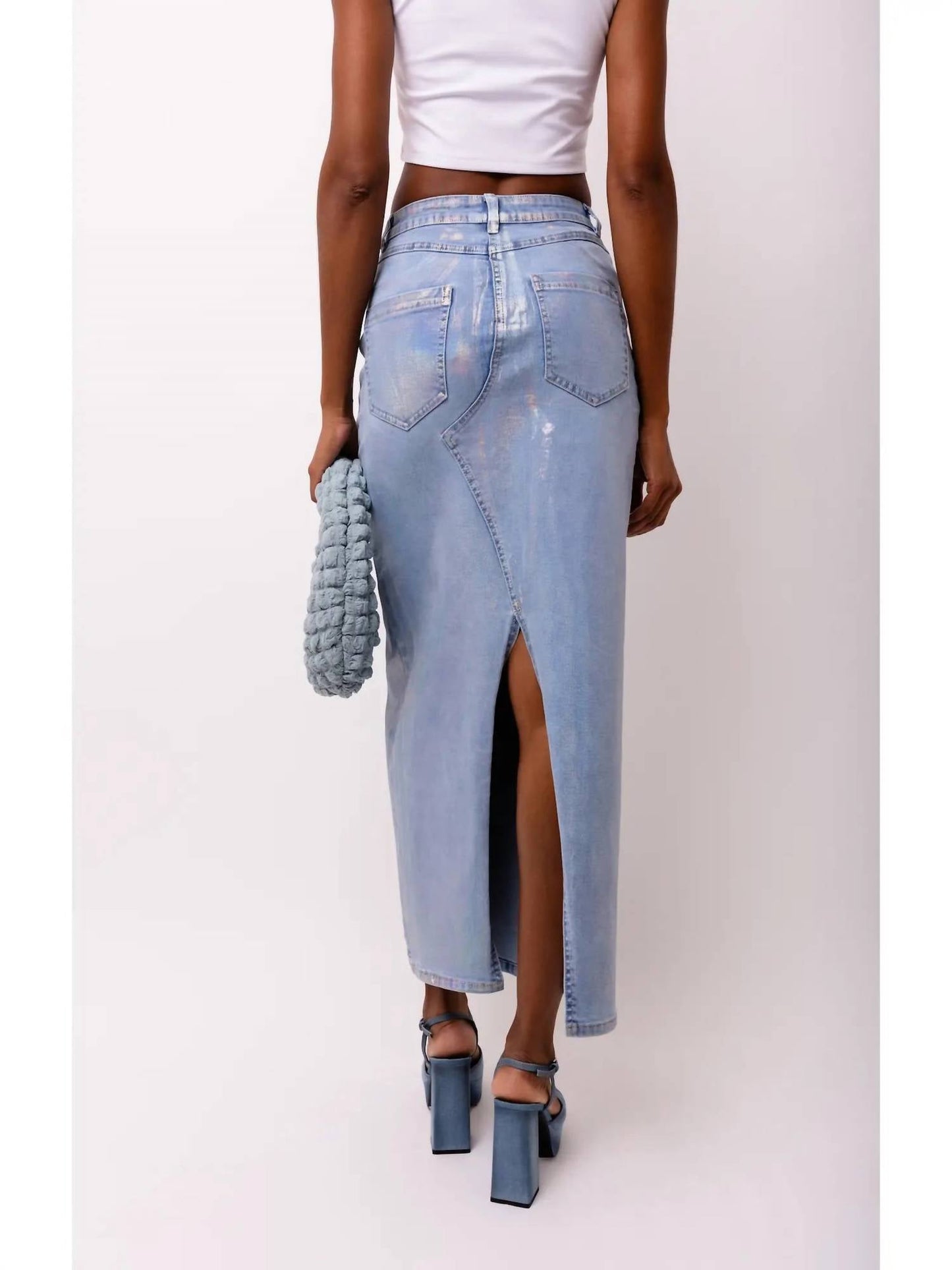 Amylynn - Mimi Stretch Metallic Light Denim Maxi Skirt